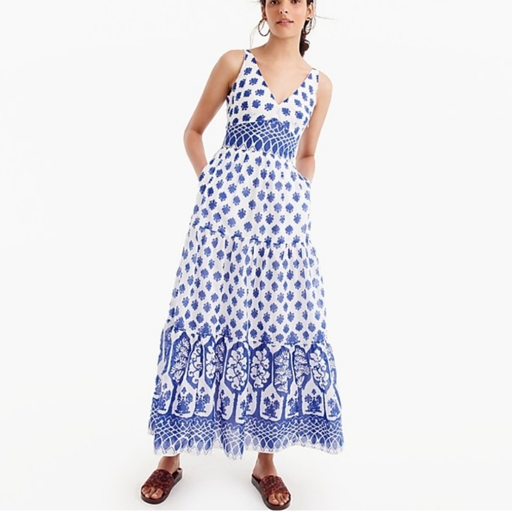 J. Crew Santorini Print Maxi Dress Blue White V-neck Tiered Block Print 8 Tall